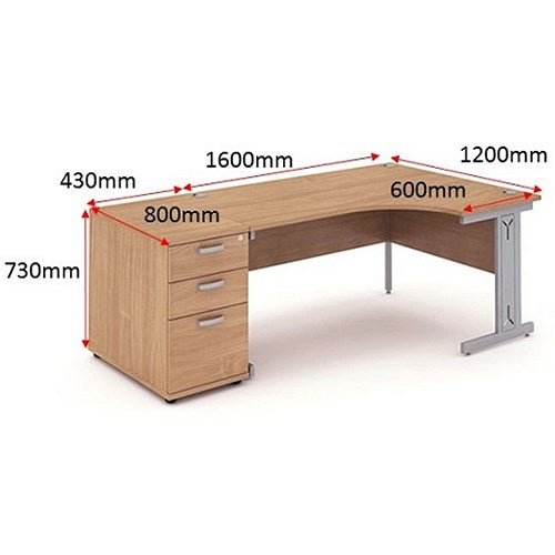 Impulse 1600mm Corner Desk with 800mm Desk High Pedestal, Right Hand, Silver Cable Managed Leg, Beech