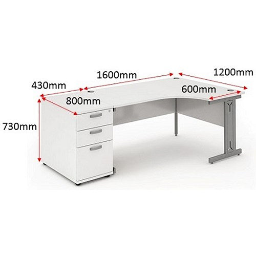 Impulse 1600mm Corner Desk with 800mm Desk High Pedestal, Right Hand, Silver Cable Managed Leg, White