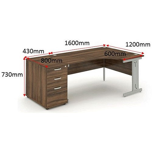 Impulse 1600mm Corner Desk with 800mm Desk High Pedestal, Right Hand, Silver Cable Managed Leg, Walnut