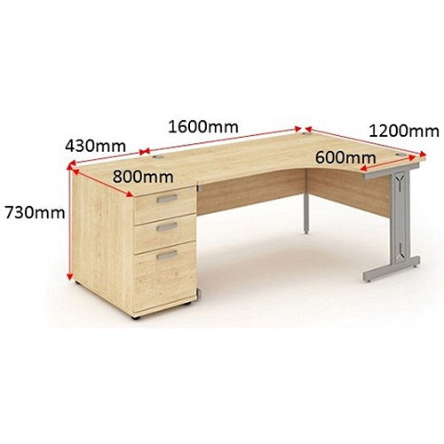 Impulse 1600mm Corner Desk with 800mm Desk High Pedestal, Right Hand, Silver Cable Managed Leg, Maple