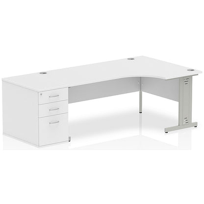 Impulse 1800mm Corner Desk with 800mm Desk High Pedestal, Right Hand, Silver Cable Managed Leg, White