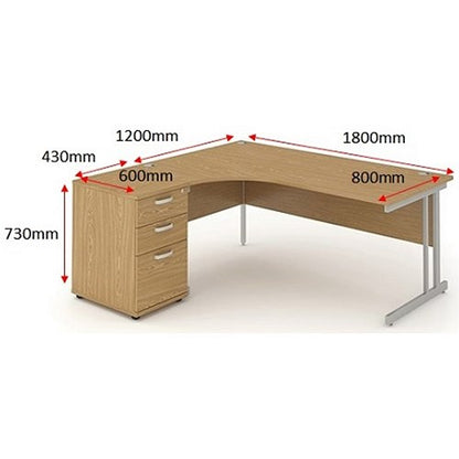 Impulse 1800mm Corner Desk with 600mm Desk High Pedestal, Left Hand, Silver Cantilever Leg, Oak