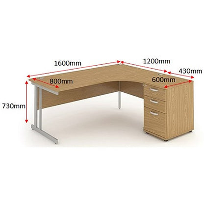 Impulse 1600mm Corner Desk with 600mm Desk High Pedestal, Right Hand, Silver Cantilever Leg, Oak