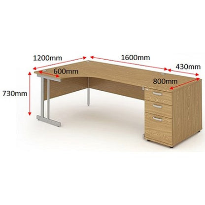 Impulse 1600mm Corner Desk with 800mm Desk High Pedestal, Left Hand, Silver Cantilever Leg, Oak