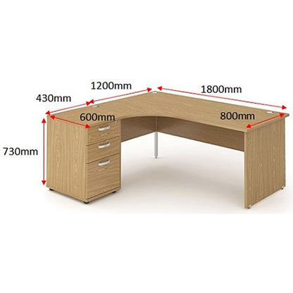 Impulse 1800mm Corner Desk with 600mm Desk High Pedestal, Left Hand, Panel End Leg, Oak