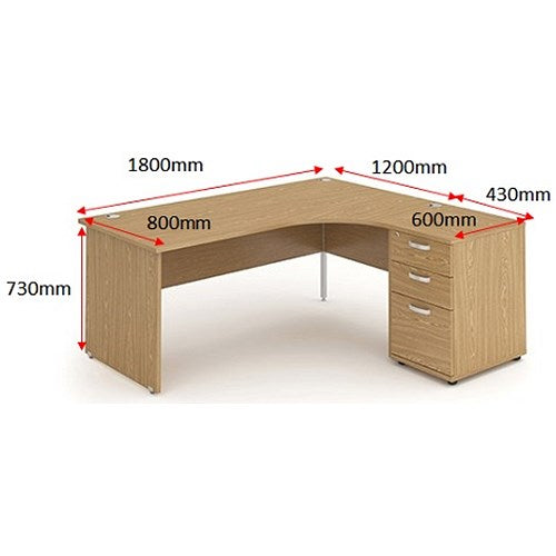 Impulse 1800mm Corner Desk with 600mm Desk High Pedestal, Right Hand, Panel End Leg, Oak