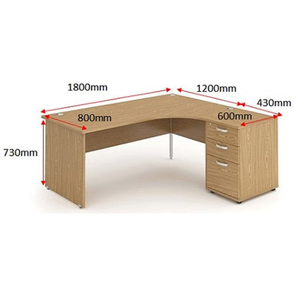 Impulse 1800mm Corner Desk with 600mm Desk High Pedestal, Right Hand, Panel End Leg, Oak