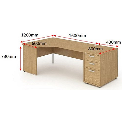 Impulse 1600mm Corner Desk with 800mm Desk High Pedestal, Left Hand, Panel End Leg, Oak
