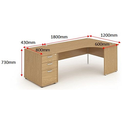 Impulse 1800mm Corner Desk with 800mm Desk High Pedestal, Right Hand, Panel End Leg, Oak