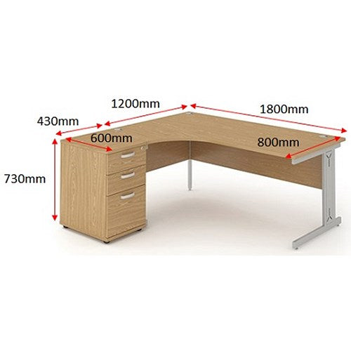 Impulse 1800mm Corner Desk with 600mm Desk High Pedestal, Left Hand, Silver Cable Managed Leg, Oak