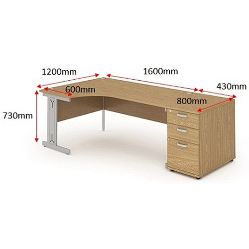 Impulse 1600mm Corner Desk with 800mm Desk High Pedestal, Left Hand, Silver Cable Managed Leg, Oak