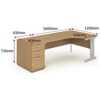 Impulse 1600mm Corner Desk with 800mm Desk High Pedestal, Right Hand, Silver Cable Managed Leg, Oak