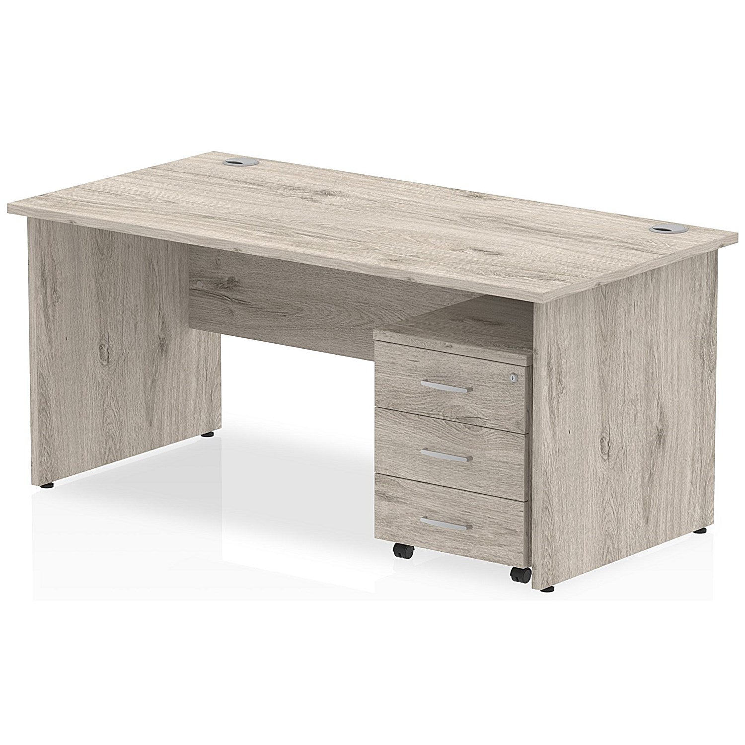 Impulse 1600mm Rectangular Desk, Panel End Leg, 3 Drawer Mobile Pedestal, Grey Oak Easy2Order : I003197