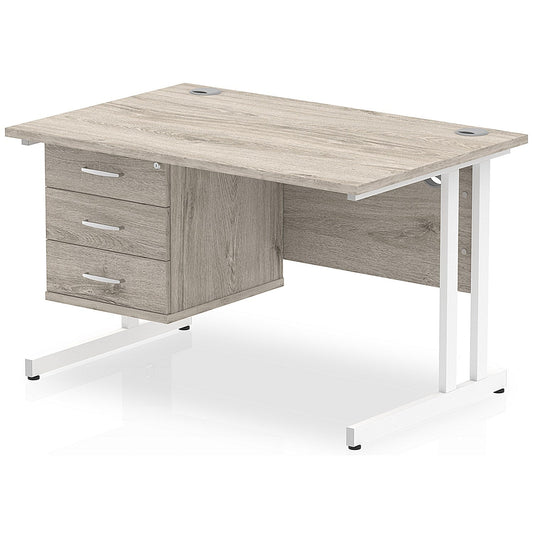 Impulse 1200mm Rectangular Office Desk With Fixed 3 Drawer Pedestal, White Cantilever Leg, Grey Oak Easy2Order : I003447
