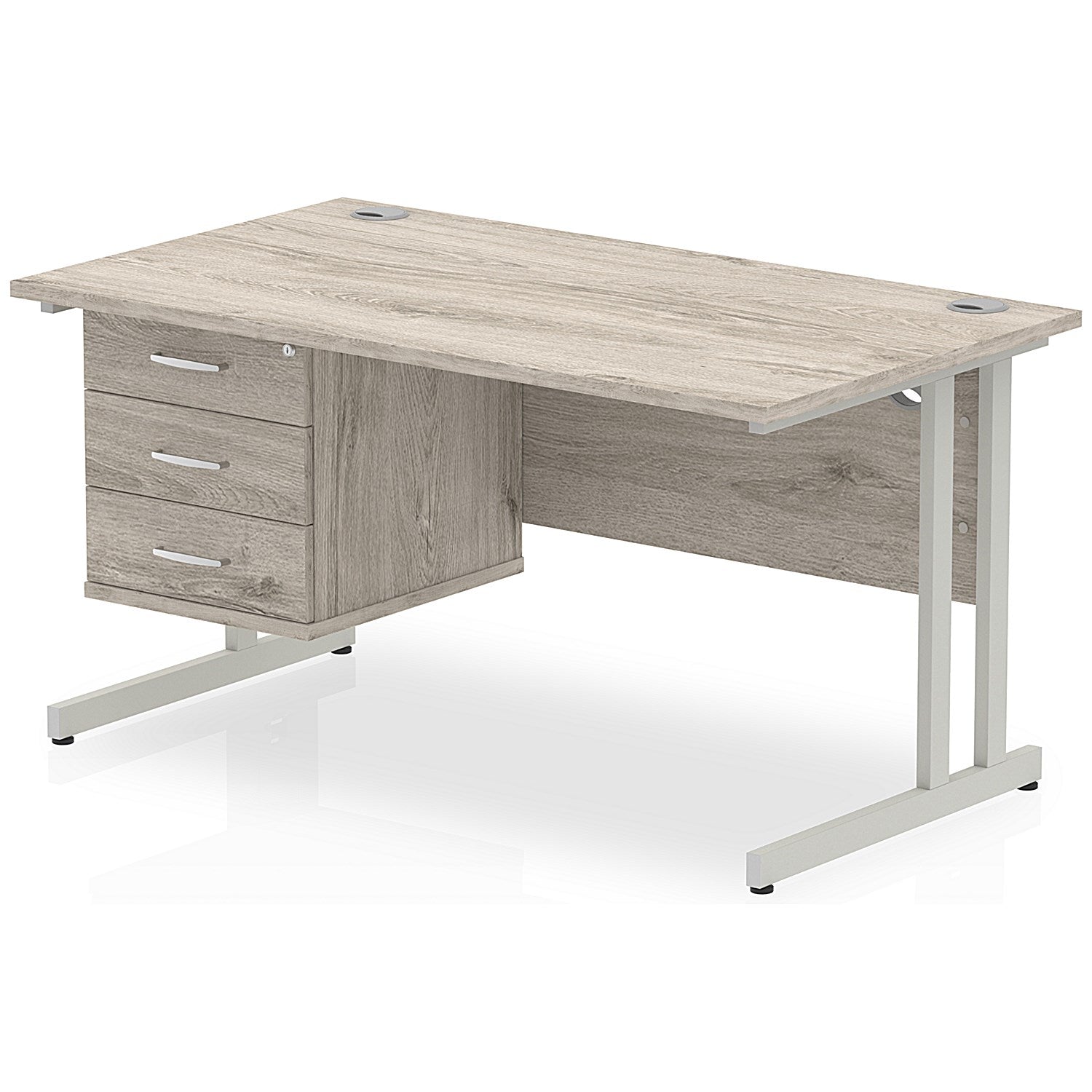 Impulse 1400mm Rectangular Office Desk With Fixed 3 Drawer Pedestal, Silver Cantilever Leg, Grey Oak Easy2Order : I003462