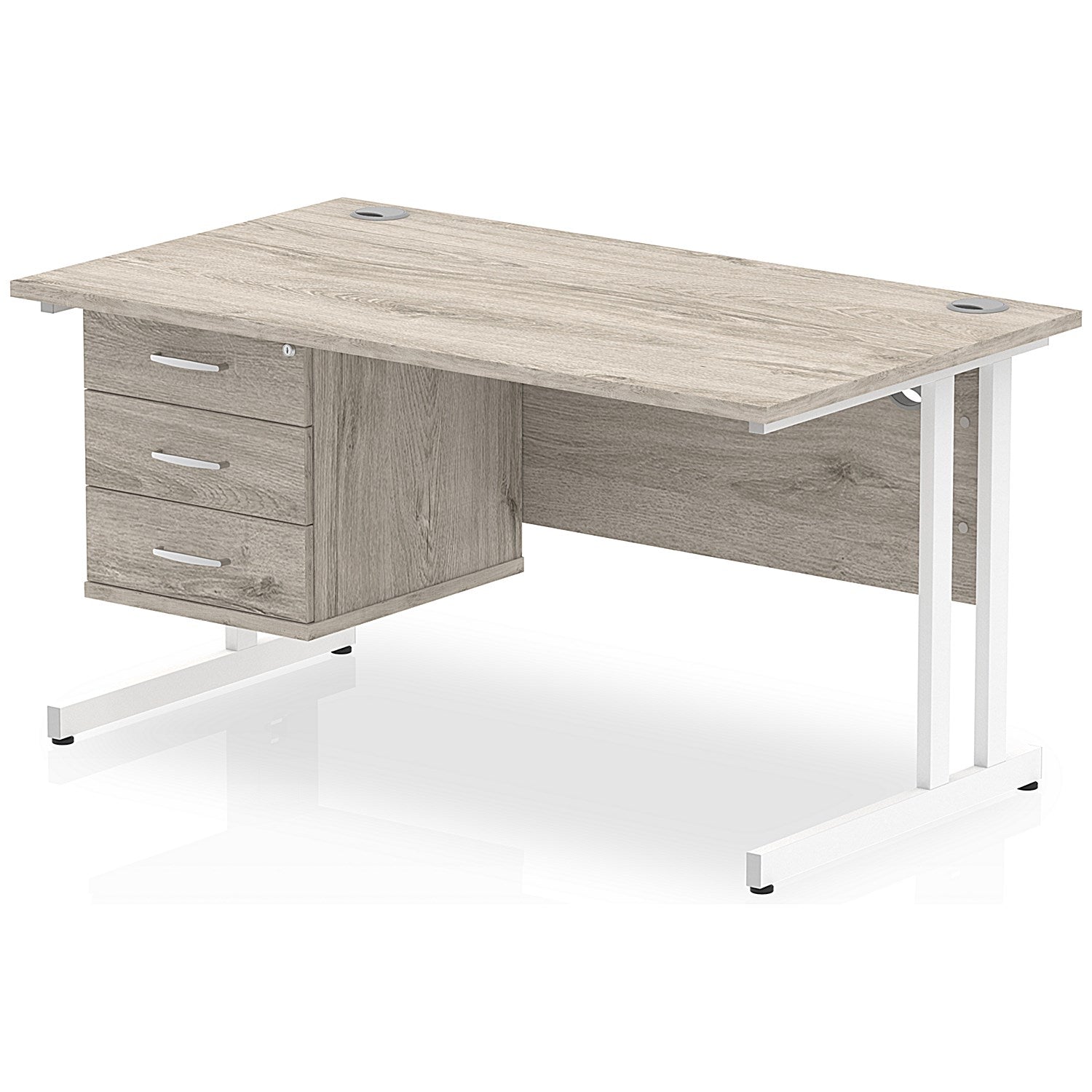 Impulse 1400mm Rectangular Office Desk With Fixed 3 Drawer Pedestal, White Cantilever Leg, Grey Oak Easy2Order : I003472