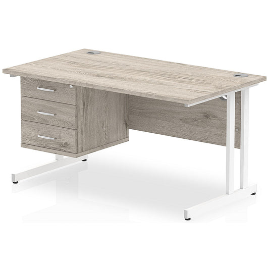 Impulse 1400mm Rectangular Office Desk With Fixed 3 Drawer Pedestal, White Cantilever Leg, Grey Oak Easy2Order : I003472