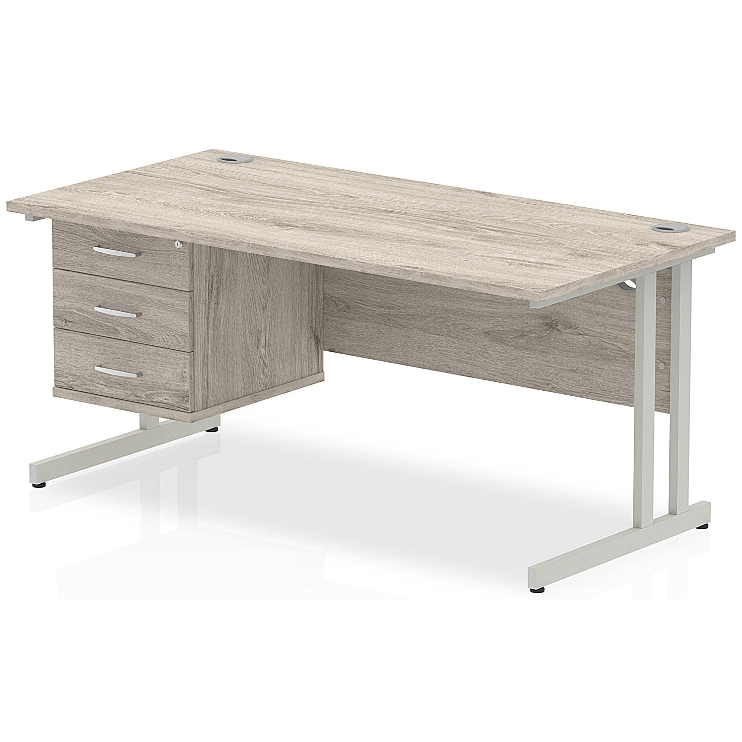 Impulse 1600mm Rectangular Office Desk With Fixed 3 Drawer Pedestal, Silver Cantilever Leg, Grey Oak Easy2Order : I003487