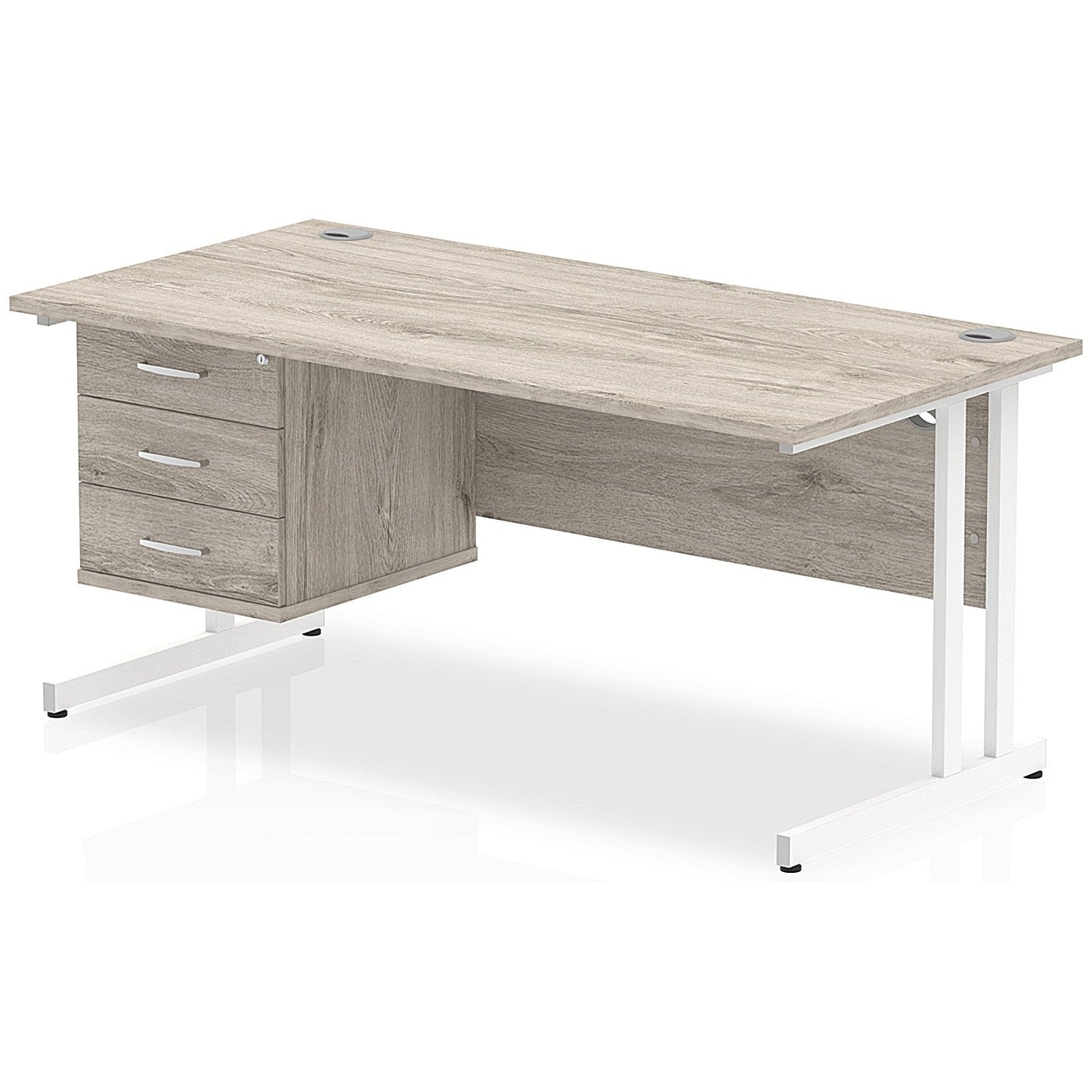 Impulse 1600mm Rectangular Office Desk With Fixed 3 Drawer Pedestal, White Cantilever Leg, Grey Oak Easy2Order : I003497