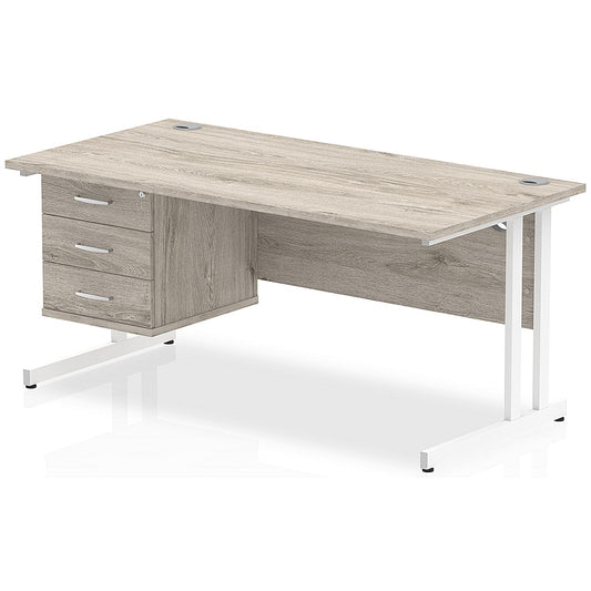 Impulse 1600mm Rectangular Office Desk With Fixed 3 Drawer Pedestal, White Cantilever Leg, Grey Oak Easy2Order : I003497