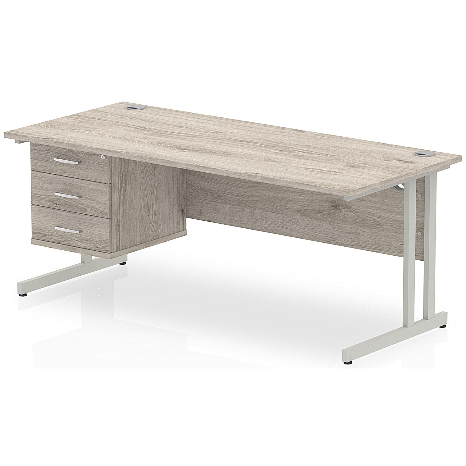 Impulse 1800mm Rectangular Office Desk With Fixed 3 Drawer Pedestal, Silver Cantilever Leg, Grey Oak Easy2Order : I003512