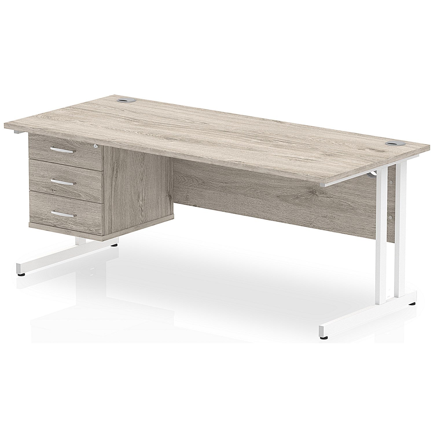 Impulse 1800mm Rectangular Office Desk With Fixed 3 Drawer Pedestal, White Cantilever Leg, Grey Oak Easy2Order : I003522