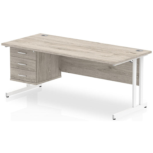 Impulse 1800mm Rectangular Office Desk With Fixed 3 Drawer Pedestal, White Cantilever Leg, Grey Oak Easy2Order : I003522