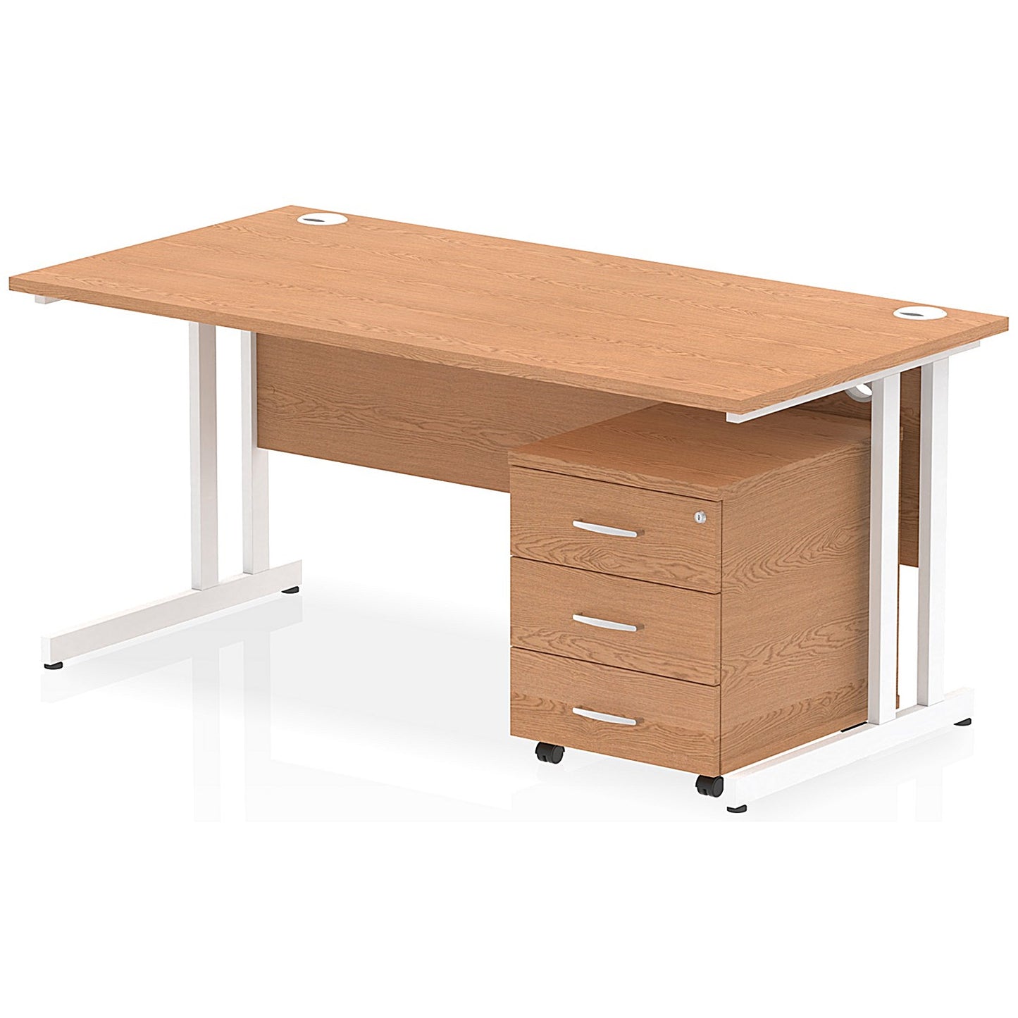 Impulse 1600 Rectangular Desk with 3 Drawer Mobile Pedestal, White Cantilever Leg, Oak