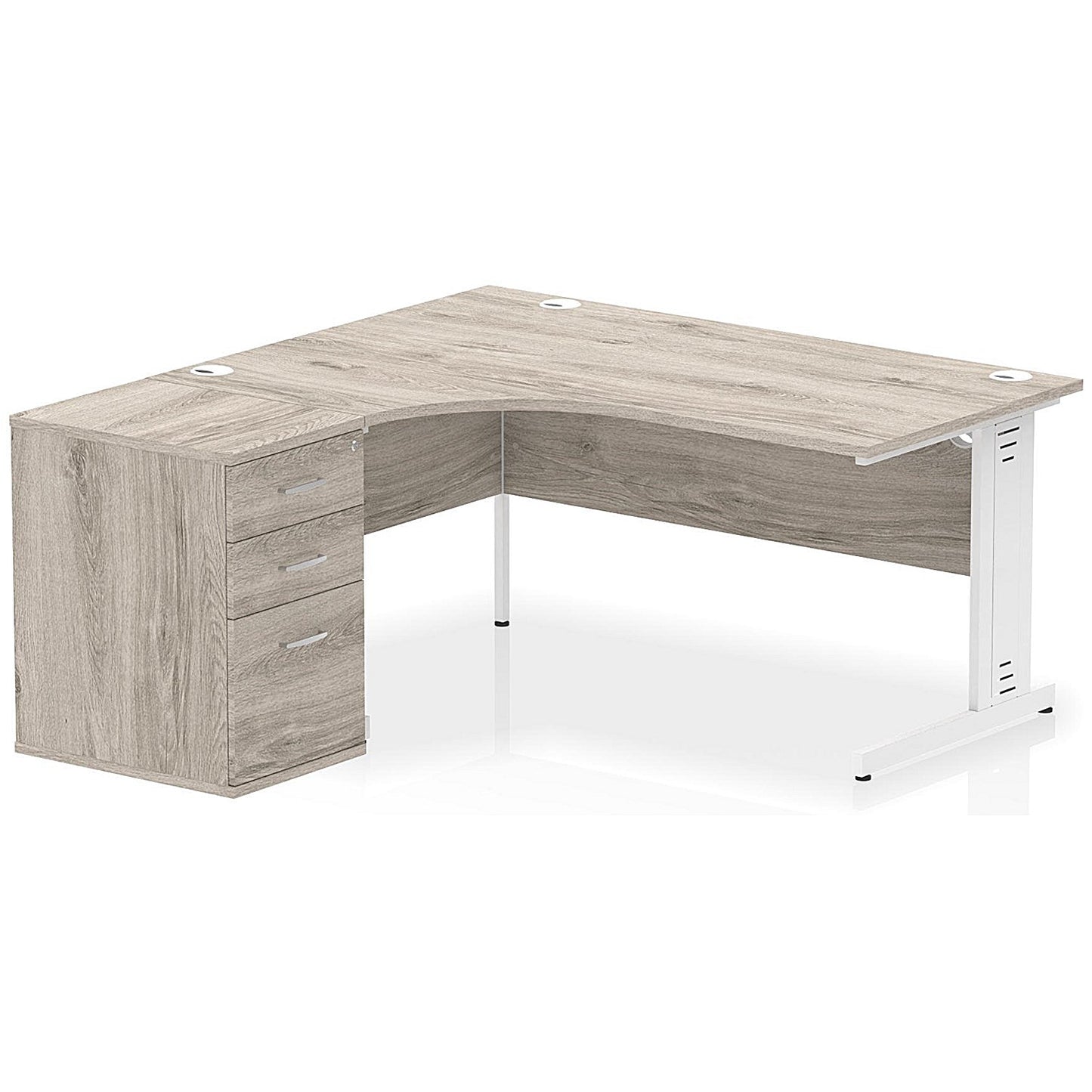 Impulse 1600mm Corner Desk, Left Hand, White Cable Managed Leg, Grey Oak, With 600mm Deep Desk High Pedestal