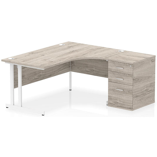 Impulse 1600mm Corner Desk with 600mm Desk High Pedestal, Right Hand, White Cantilever Leg, Grey Oak