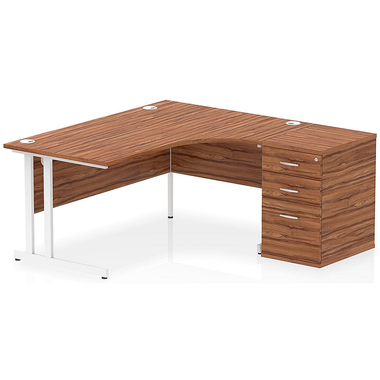 Impulse 1600mm Corner Desk with 600mm Desk High Pedestal, Right Hand, White Cantilever Leg, Walnut