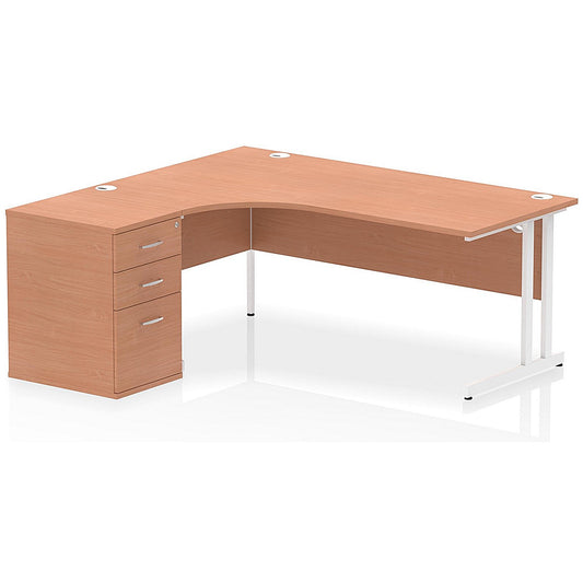 Impulse 1800mm Corner Desk with 600mm Desk High Pedestal, Left Hand, White Cantilever Leg, Beech