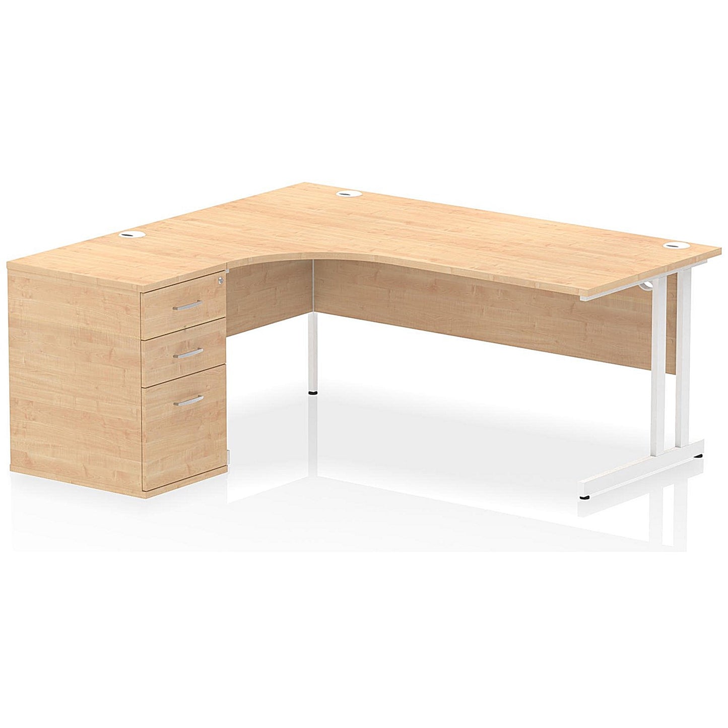Impulse 1800mm Corner Desk with 600mm Desk High Pedestal, Left Hand, White Cantilever Leg, Maple