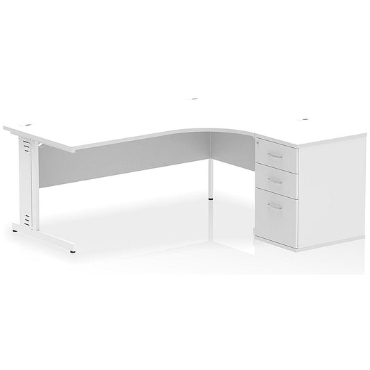 Impulse 1800mm Corner Desk, Right Hand, White Cable Managed Leg, White, With 600mm Deep Desk High Pedestal