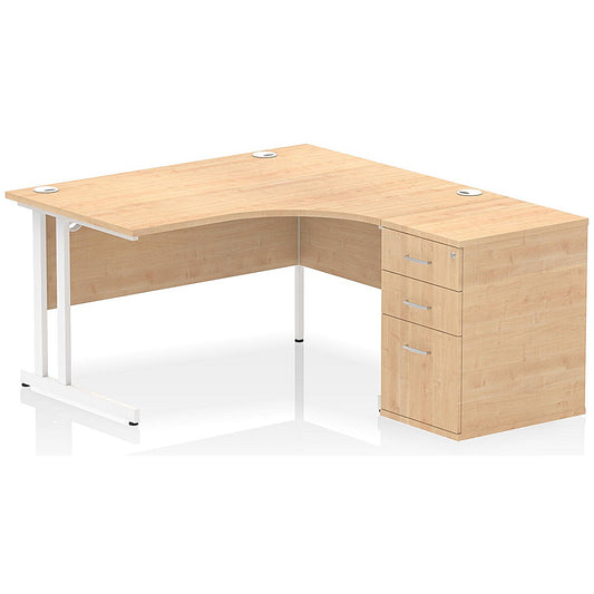 Impulse 1400mm Corner Desk with 600mm Desk High Pedestal, Right Hand, White Cantilever Leg, Maple