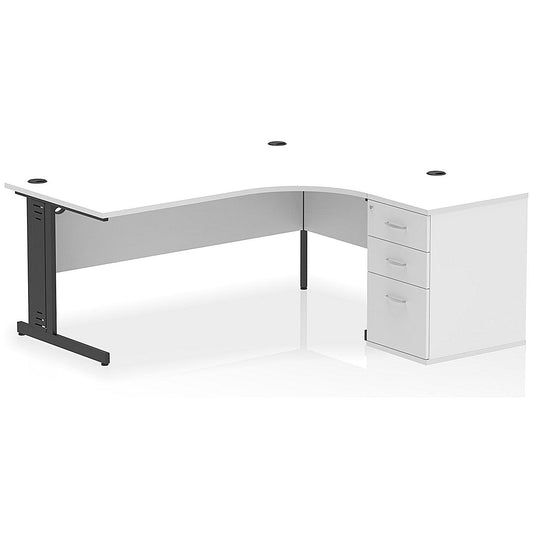 Impulse 1800mm Corner Desk, Right Hand, Black Cable Managed Leg, White, With 600mm Deep Desk High Pedestal