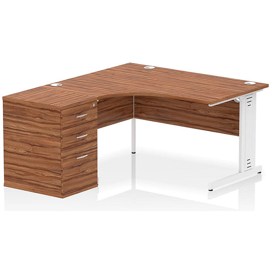 Impulse 1400mm Corner Desk with 600mm Desk High Pedestal, Left Hand, White Cable Managed Leg, Walnut