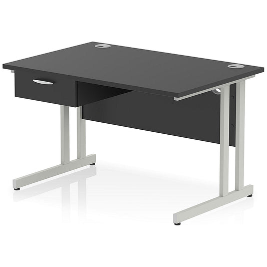 Impulse 1200mm Rectangular Desk with attached Pedestal, Silver Cantilever Leg, Black