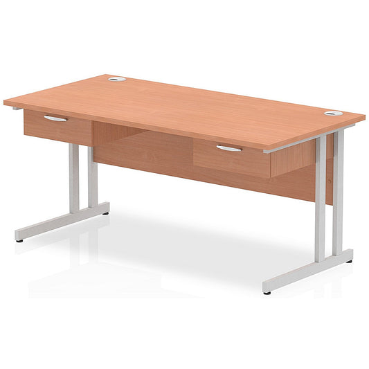 Impulse 1600mm Rectangular Desk with 2 attached Pedestals, Silver Cantilever Leg, Beech