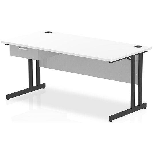Impulse 1600mm Rectangular Desk with attached Pedestal, Black Cantilever Leg, White