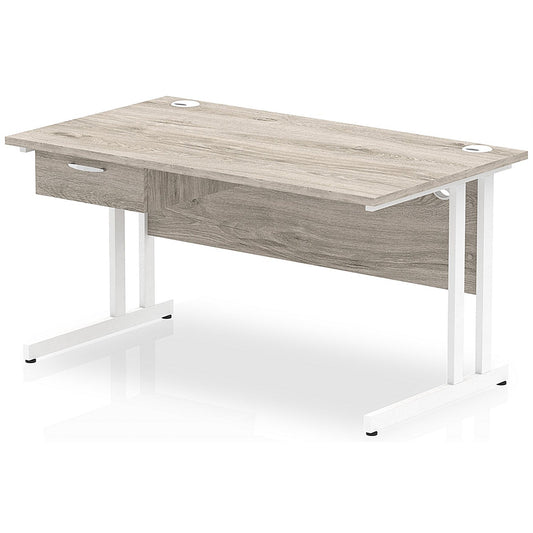 Impulse 1400mm Rectangular Desk with attached Pedestal, White Cantilever Leg, Grey Oak