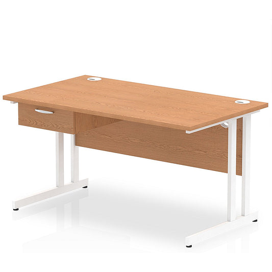 Impulse 1400mm Rectangular Desk with attached Pedestal, White Cantilever Leg, Oak