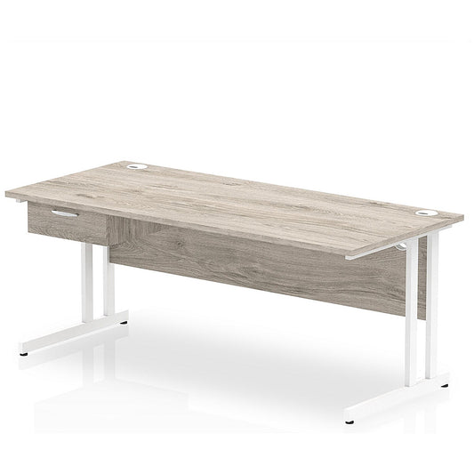 Impulse 1800mm Rectangular Desk with attached Pedestal, White Cantilever Leg, Grey Oak