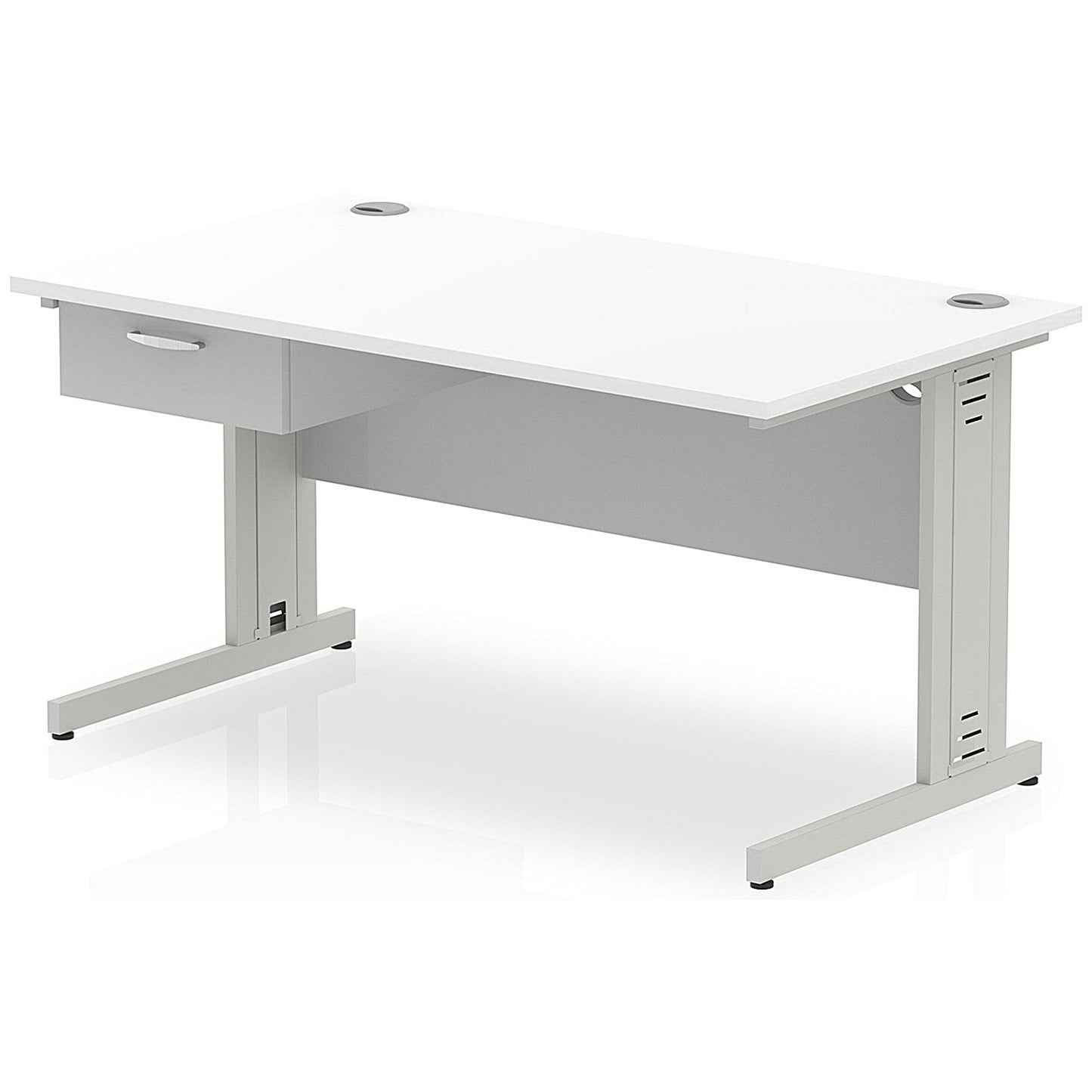 Impulse 1400mm Rectangular Desk with attached Pedestal, Silver Cable Managed Leg, White
