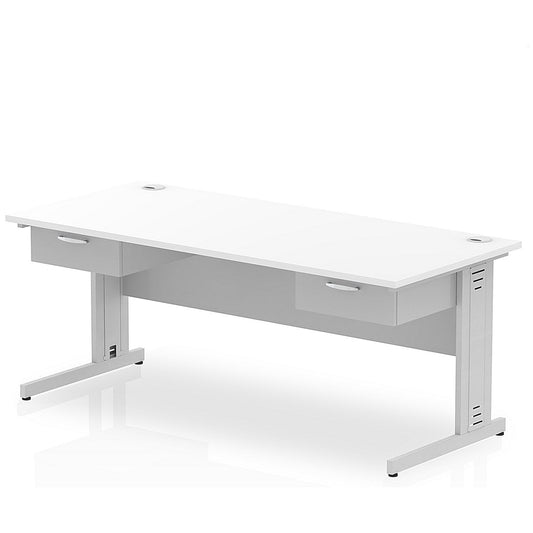 Impulse 1800mm Rectangular Desk with 2 attached Pedestals, Silver Cable Managed Leg, White