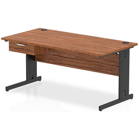 Impulse 1600mm Rectangular Desk with attached Pedestal, Black Cable Managed Leg, Walnut