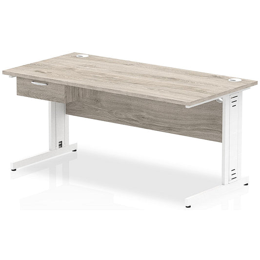 Impulse 1600mm Rectangular Desk with attached Pedestal, White Cable Managed Leg, Grey Oak