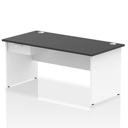 Impulse 1600mm Two-Tone Rectangular Desk with attached Pedestal, White Panel End Leg, Black