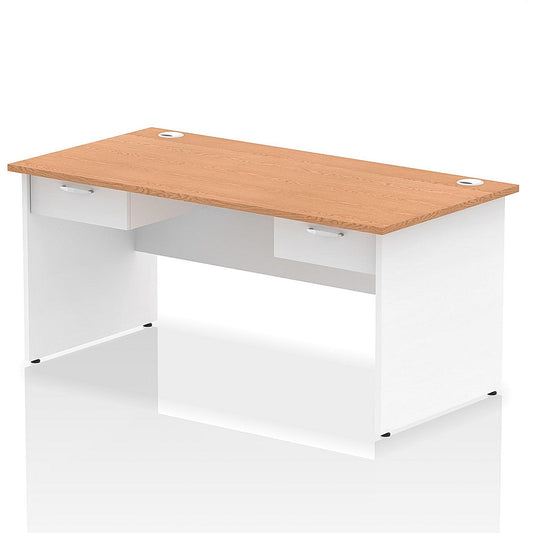 Impulse 1600mm Two-Tone Rectangular Desk with 2 attached Pedestals, White Panel End Leg, Oak