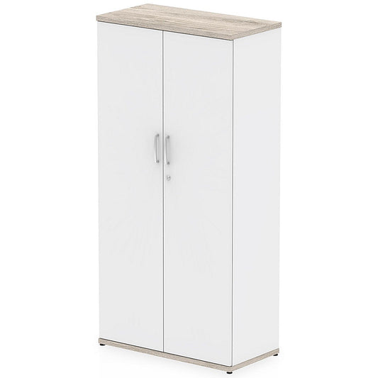 Impulse Two-Tone Tall Cupboard, 3 Shelves, 1600mm High, Grey Oak and White